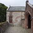 Careston Parish Church.  View of main entrance and Laird's Loft entrance, from west.