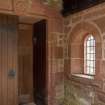 Careston Parish Church.  View of porch and main entrance doorway, from north west.