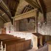 Careston Parish Church.  Chancel.  View of nave showing Laird's Loft frontage from southeast.