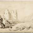 Sketch showing view of Scalloway Castle.
