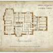 Drawing of first floor plan of Glenburnie Park, 13 Rubislaw Den North, Aberdeen.  