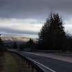 Survey photograph, Train bridge and barrier on either side of the A9 with commercial forestry plantation, A9 Dualling - Tomatin to Moy, Highland