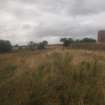 Unbuilt Explosives Magazine at Hill 1: view from the ESE of the embankment of the narrow gauge railway line as it approached the site of Nitroglycerine Hill I, with the brine tank tower in the background