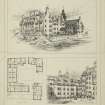Page from The British Architect showing ground plan, view from river and view from courtyard, inscr; 'A block of workmen's houses, for J R Findlay, Esq.'