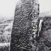 Pictish cross-slab.
Original negative captioned: 'Sculptured Stone (Front) in Migvie Churchyard July 1904'.