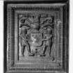 First Floor, east room, detail of carved Sir George Bruce heraldic plaque