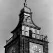 Detail of steeple crown, weather vane and clock following restoration the previous year (1958).