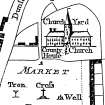 Photocopy of a section from Armstrong's map of 1771 showing the Church, Goal, County House and Market Place with Tron, Cross and Well