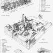 Bruichladdich Distillery, Islay.
Reconstruction drawing of original layout of Bruichladdich Distillery c.1900, including distillery complex, malt-loft and malting floor of North West malt-barn, malting floor of South East malt-barn and distillery building. Insc. 'GDH'