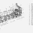 Bruichladdich Distillery, Islay.
Reconstruction drawing of original layout of Bruichladdich Distillery c.1900, including distillery complex, malt-loft and malting floor of North West malt-barn, malting floor of South East malt-barn and distillery building. Insc. 'GDH'