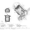 Axonometric views of Salmon Bothy and Ice-house.  Plans and section.