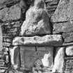 Iona, Iona Nunnery.
Detail on refectory showing sheila-na-gig carving on exterior of South wall.