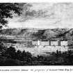 Early nineteenth century engraved view of New Lanark from South bank of the Clyde showing four mill buildings with housing behind. Insc. 'Lanark Cotton Mills, the property of Robert Owen Esq. and Co.'
