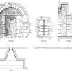 Digital image of drawing showing plan, section, interior and exterior elevations of loopholed embrasure in West Curtain at Skipness Castle.