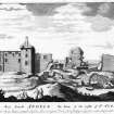 1718 Engraving by John Slezer of St Andrews Castle. Copied from 'Theatrum Scotiae'.
Inscribed 'Rudera Arcis Sancti Andreae.  The Ruins of the Castle of St. Andrews.  This plate following Prospect of the City of St. Andrews is most humbly inscribed to the Right Hon. John Earl of Rothess and Lord Vice Admiral of Britain and Govenour of Stirling Castle.'
