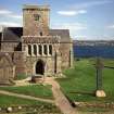 Iona, Iona Abbey.
View of west door with St John's and St Martin's Crosses.