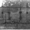 View of railing designed by Jamieson & Arnott made by Thomas Hadden, known as Louise Carnegie Memorial Gate, at Pittencrieff Park, Dumfermline.