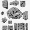 Crosses and sculptured stones (Drainie nos 2, 3, 4, 5, 6, 7, 8, 9, 10 and 16) from J Stuart, The Sculptured Stones of Scotland, i, pl. 130.	