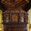 Detail of the carving and marketry on headboard and canopy of the bed, 2nd floor bedroom of the Gatehouse