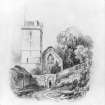 Pencil drawing of St. Serf's Church from North East. Insc: 'Tower at Dysart.'