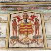 Interior. Detail of painted armorial panel in chapel.