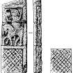 Digital copy of drawing showing St Blanes, Bute, fragment of cross-shaft (no.7). View of front face and side. Detail of lattice work panel.