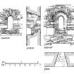 East Window, Kilnave Church, Kilnave.
Photographic copy of plan of window: exterior elevation of window; interior elevation of window and section of window.
Titled: 'Kilnave Church, Islay. Surveyed by AL DP'
Pencil on paper. Scale 1:20
