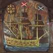 Painted panel on south gallery front showing a ship in flames