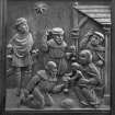 Traquair House chapel, interior
Detail of carved oak panel showing the Adoration of the Magi