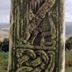 Detail of 'harpist' panel and of interlace on N side of shaft of Dupplin Cross.