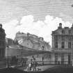 Copy of engraved view from the General Register House showing Edinburgh Castle and Pools Hotel (10 Princes Street), inscr; 'REGISTER OFFICE'