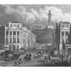 Engraving showing Waterloo Place looking towards Calton Hill
Insc. 'Waterloo Place, the National & Nelson's Monuments, Calton Hill, &c. Edinburgh'.  Also visible is the Shakespeare Theatre.
