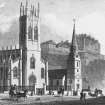 Edinburgh, Princes Street, St John's Episcopal Church; Lothian Road, St Cuthbert's Church
Photographic copy of engraving showing St John's Episcopal Church and St Cuthbert's Church looking towards the Castle
Copied from 'Modern Athens'. Insc. 'St. John's Chapel, St. Cuthbert's Church, and New Barracks. Edinburgh. Drawn by Tho. H Shepherd. Engraved by W H Bond'