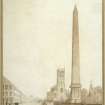 Unexecuted design for an obelisk in memory of Sir Walter Scott, perspective view, competition drawing.  Also showing Princes Street and St John's Episcopal Church.
