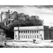 Edinburgh, The Mound, The Royal Academy.
Photographic copy of an engraved view of "Castle and Royal Institution from North east"
Illustration from around the edge of a plan of 1827.