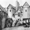 Photographic copy of sketch from "Old Houses in Edinburgh" by Bruce J Home.  Sketch insc: 'White Horse Close 1870'.