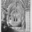Roslin, Roslin Chapel.
Photographic copy of engraving of view of Eastern aisle.
Titled: 'The Eastern Aisle -  Rosslyn Chapel' 'Drawn by R.W.Billings' 'Engraved by J.Godfrey' 'Edinburgh, Published by William Blackwood and Sons'.