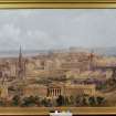 Painting showing Princes Street with Calton Hill in background.