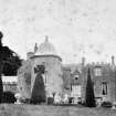 Sepia postcard of Fingask Castle with topiary and garden sculpture in foreground.
Scanned image of [negative number to be supplied].