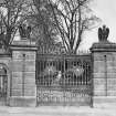Falcon Hall, Edinburgh.
View of gates. Hall demolished 1909, the gates were rebuilt as the entrance to the Royal Scottish Zoological Society, Corstorphine Road.