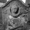 Bolton churchyard.
William Lamb d. 1724. Reverse face; large winged cherub, flowers. Skull, crossbones and tools of slater below.