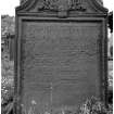 Headstone for Patrick Logan d.1742. East face; winged cherub at top, Green Man beneath. Winged cherubs on slopes of tympanum. Stenton churchyard, East Lothian.