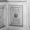 Edinburgh, Frogston Road East, Mortonhall House, interior.
View of the first floor principal drawing room painted window shutter panel, depicting a shepherdess.