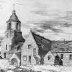 Edinburgh, Kirkgate, Liberton Old Parish Church.
Photographic copy of drawing showing general view.
Insc: 'Liberton Kirk, before 1814. Original drawing by Andrew Kerr.'