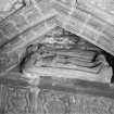 Edinburgh, Kirk Loan, Corstorphine Parish Church, interior.
View of the tomb of Sir John Forrester II, 1454. Recumbant effigies of a Knight and his lady in a niche.