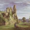 View of main building of Gight Castle from NW with four people in the foreground.
Insc: 'Gight Castle near old Meldrum'.
