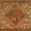 Interior. South chapel, detail of mural on south wall depicting Christ's body being carried into the tomb.