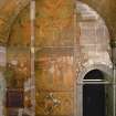 Interior. South chapel, view of murals on west wall depicting the parable of the Ten Virgins.