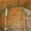 Interior. South chapel, detail of mural on west wall depicting a scene from the parable of the Ten Virgins.