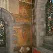 Interior. North chapel, detail of mural on north wall depicting a scene derived from the parable of the Ten Virgins and medallions of religious scenes.
